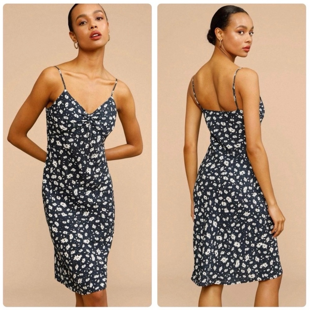 Rouje Navy Floral Slip Midi Dress with White Blooms